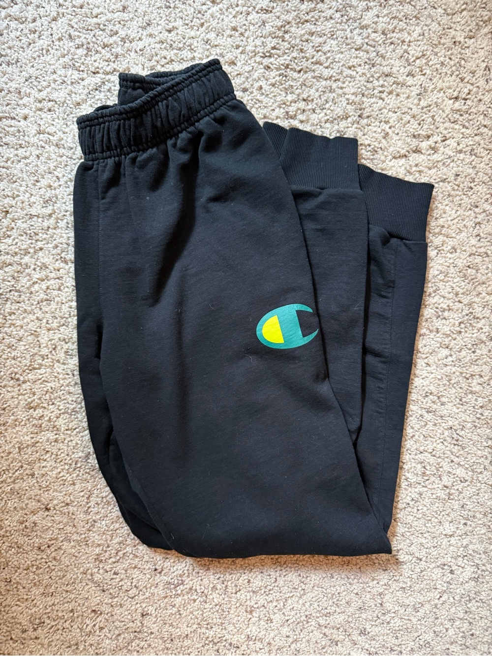 Champion Black Sweatpants with Green & Yellow Logo
